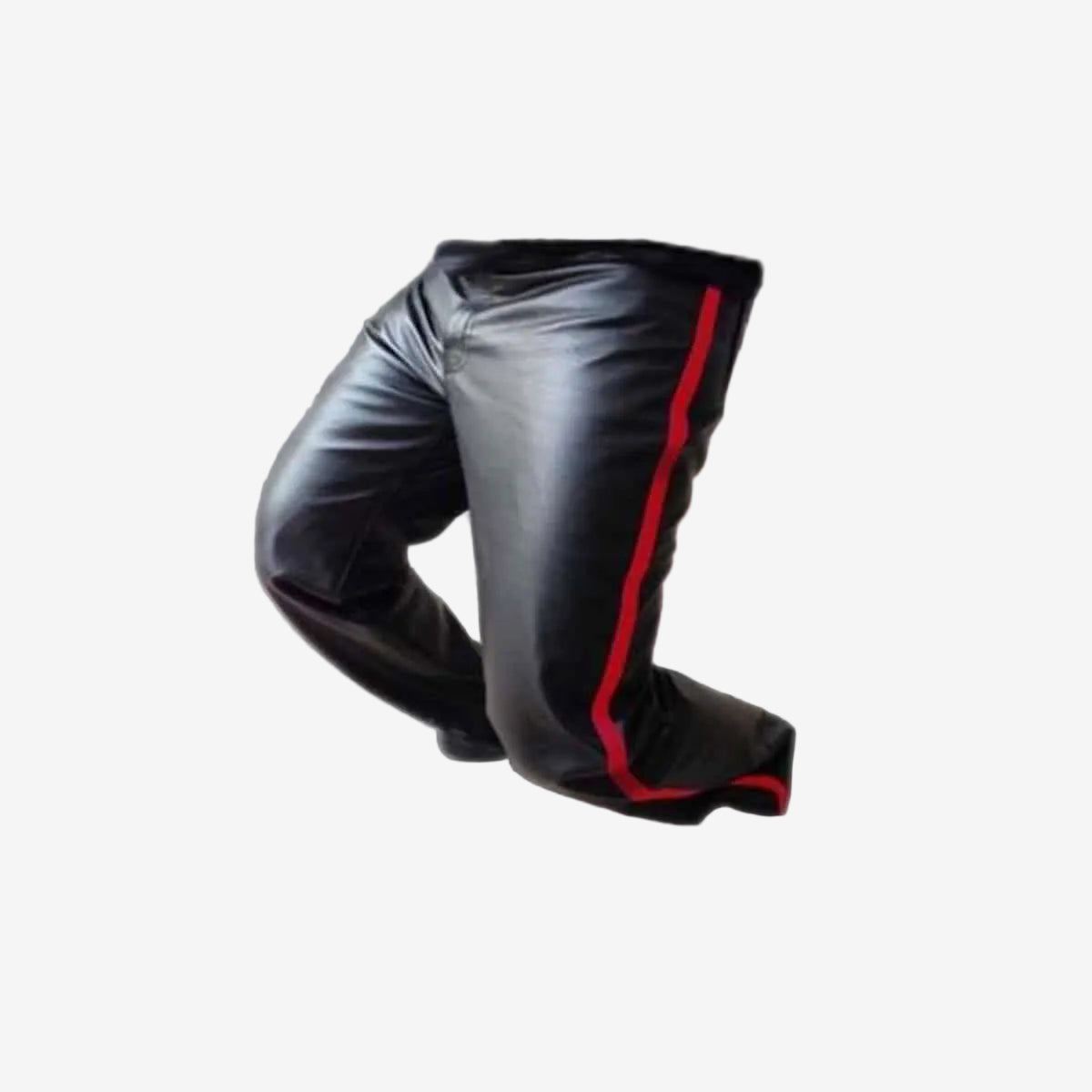 Men's Black Leather Jeans – Red Side Stripe, view 2