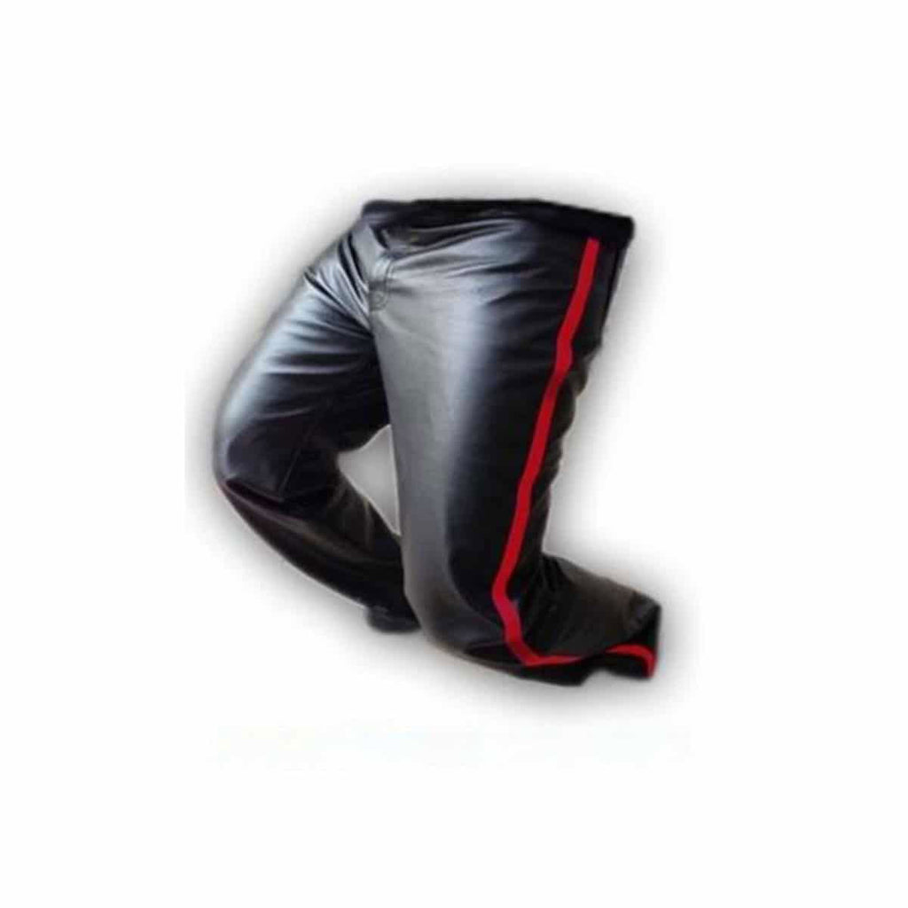 Men's Black Leather Jeans – Red Side Stripe, view 3