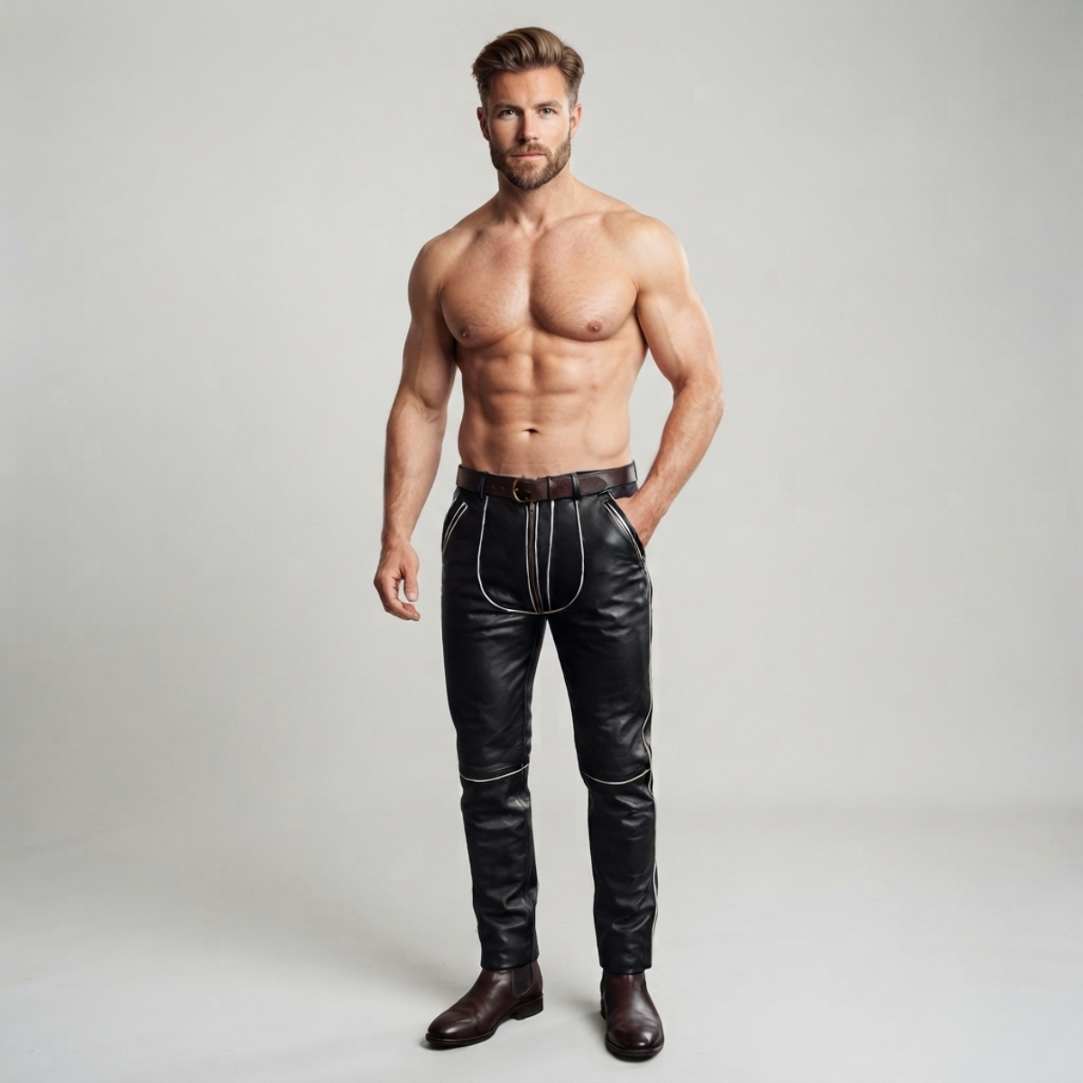 Men's Black Leather Jeans – White Piping, Through Zip
