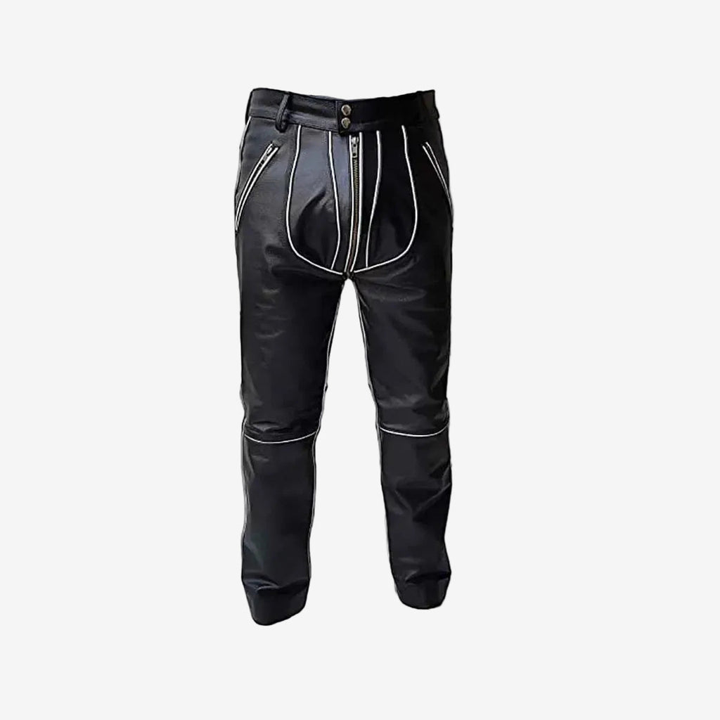 Men's Black Leather Jeans – White Piping, Through Zip, view 2