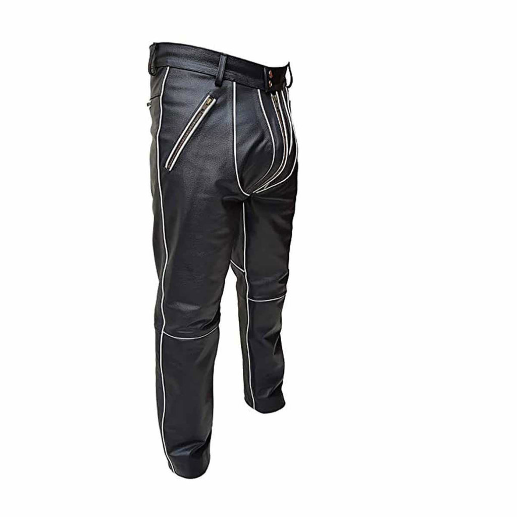 Men's Black Leather Jeans – White Piping, Through Zip, view 3