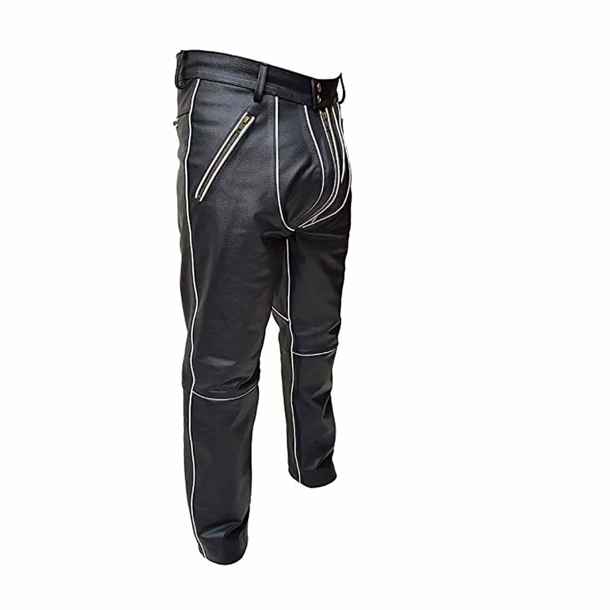 Men's Black Leather Jeans – White Piping, Through Zip, view 3