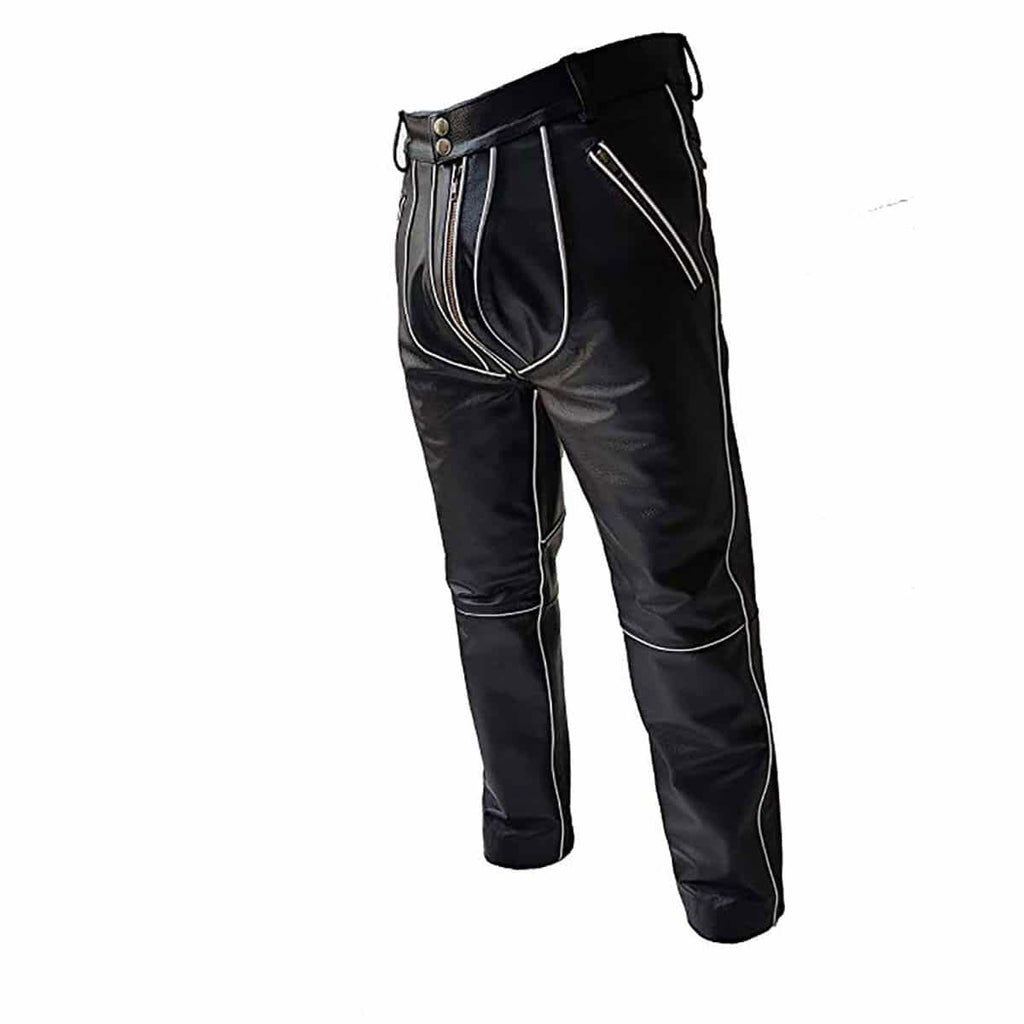 Men's Black Leather Jeans – White Piping, Through Zip, view 4