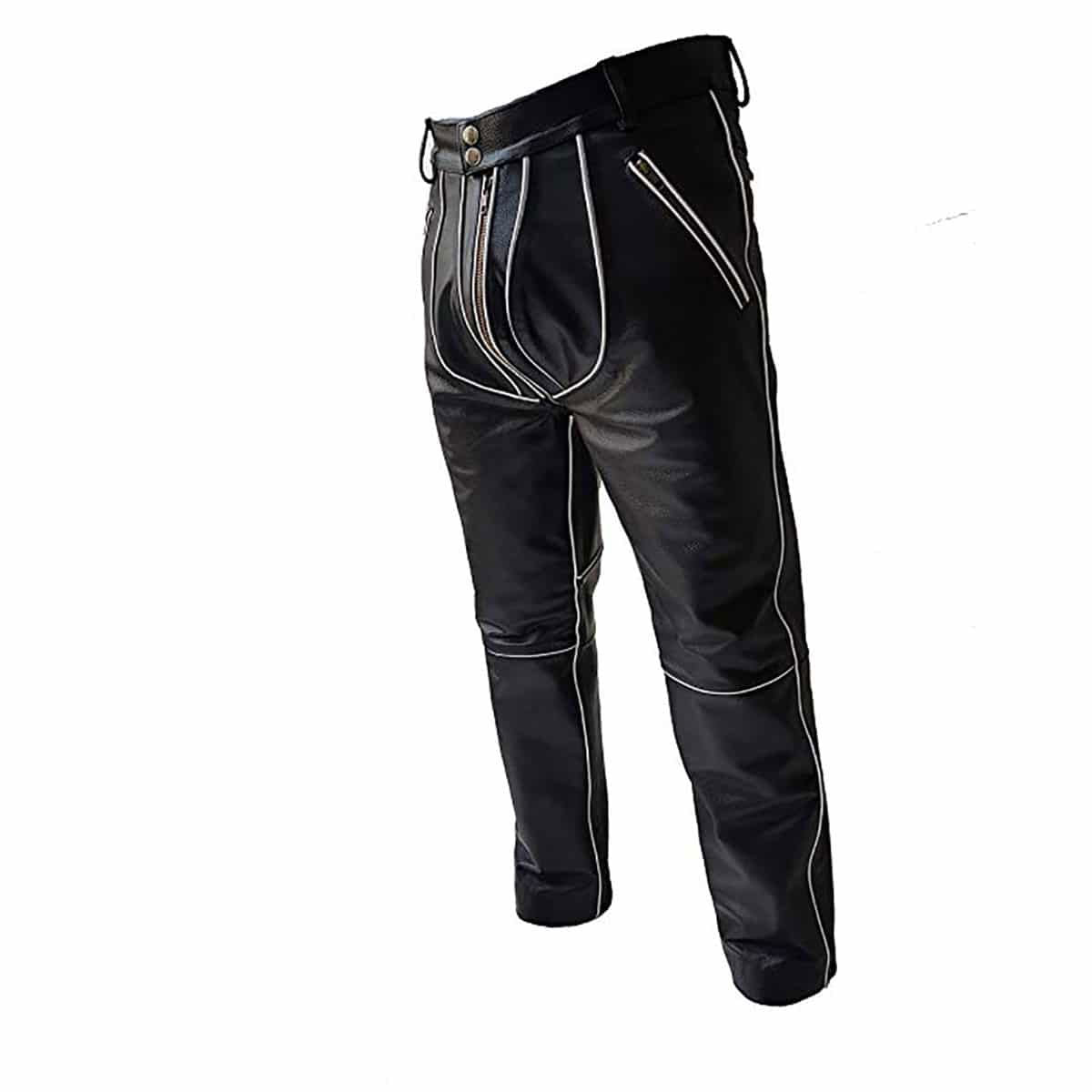 Men's Black Leather Jeans – White Piping, Through Zip, view 4