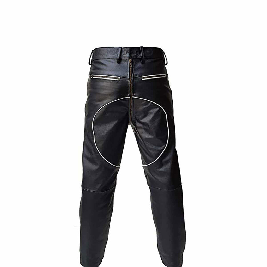 Men's Black Leather Jeans – White Piping, Through Zip, view 5