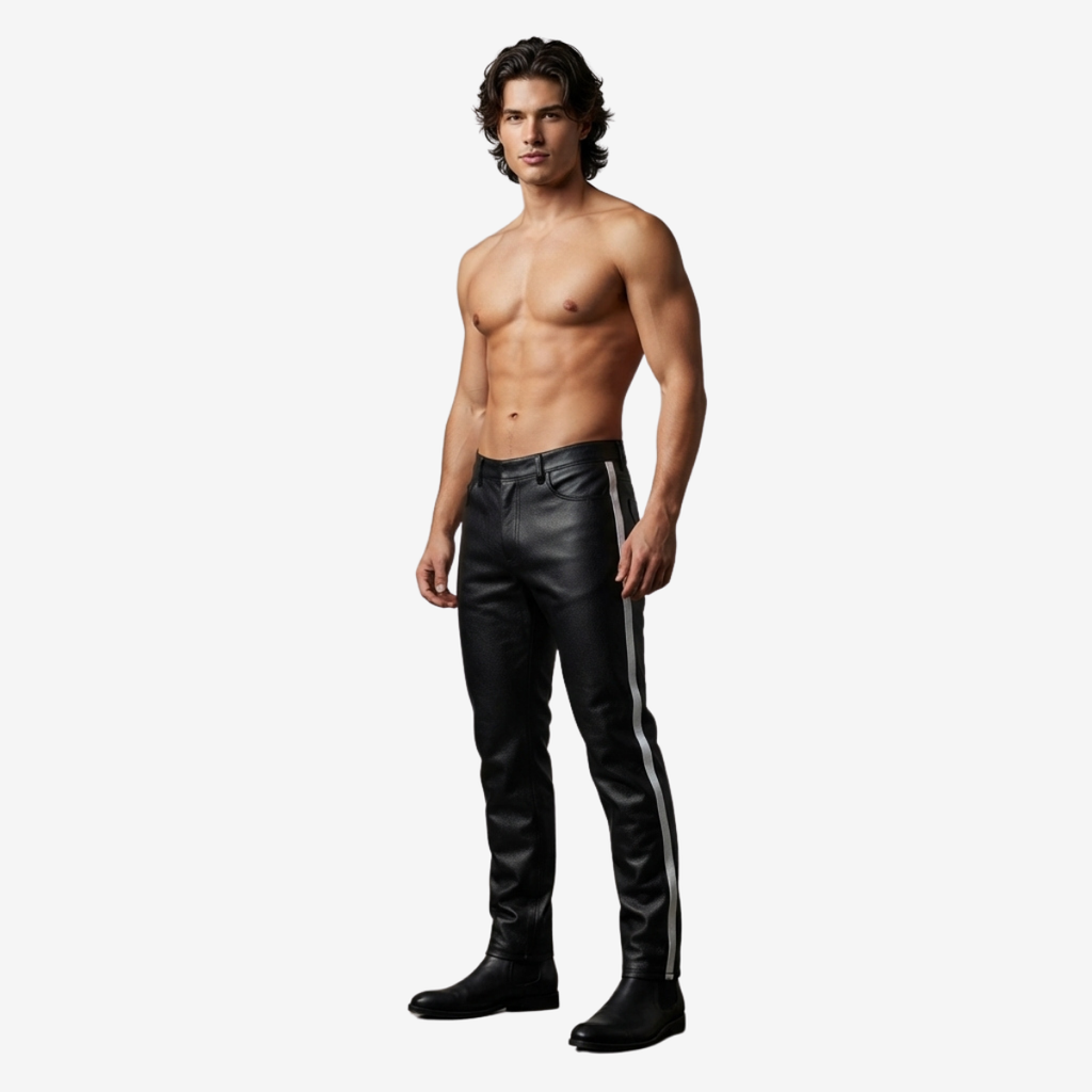 Men's Black Leather Jeans – White Side Stripe