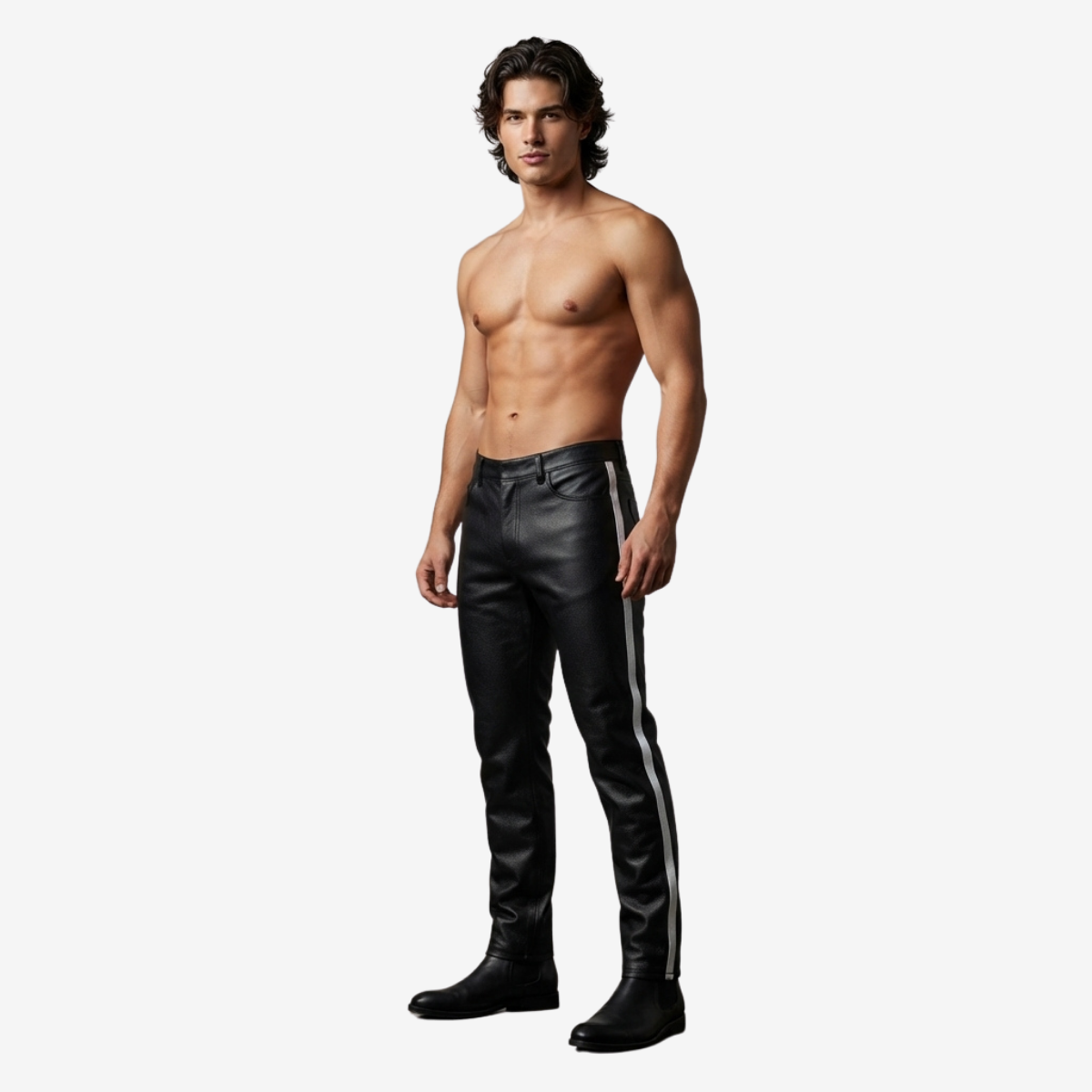 Men's Black Leather Jeans – White Side Stripe