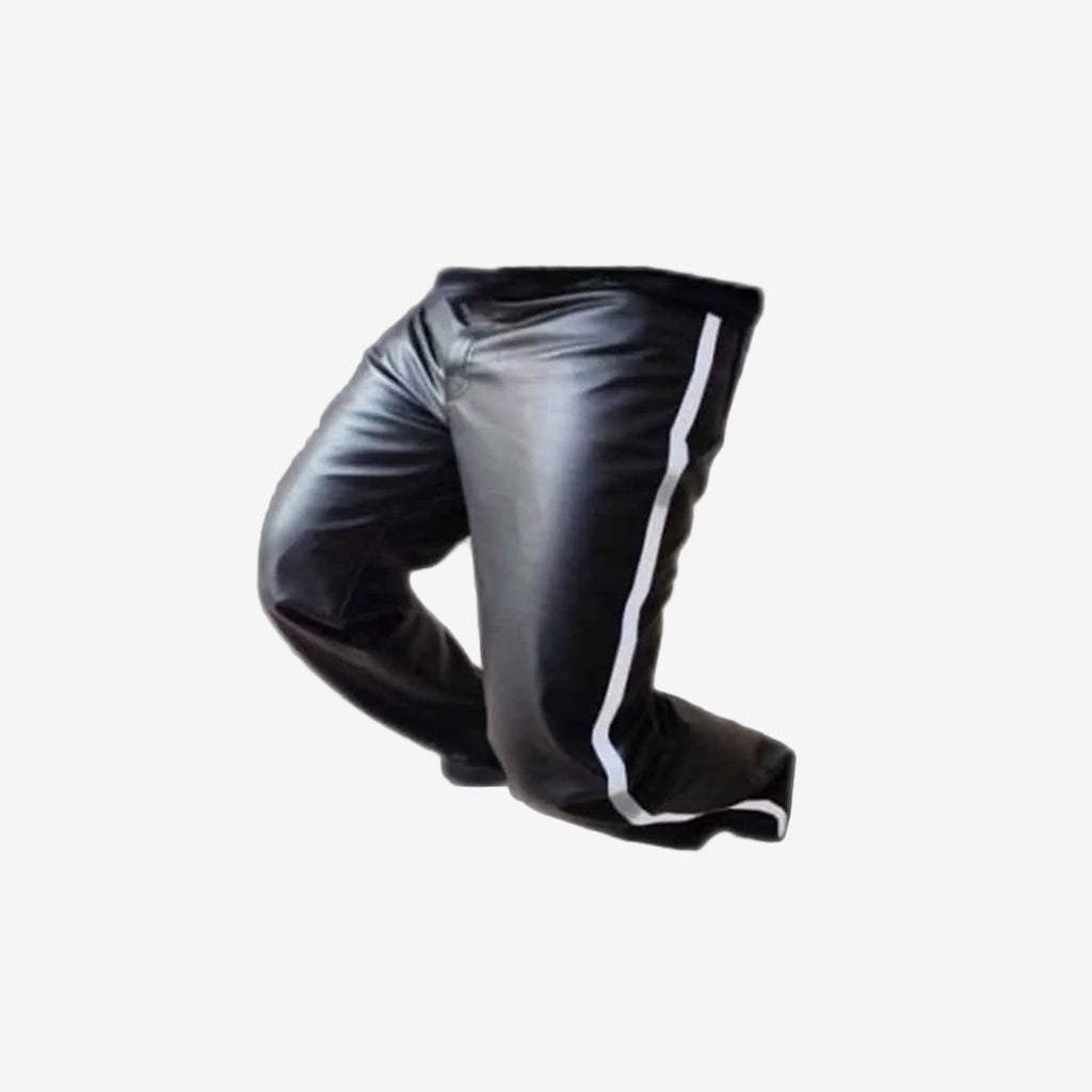 Men's Black Leather Jeans – White Side Stripe, view 2