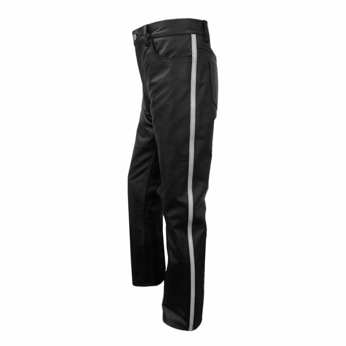 Men's Black Leather Jeans – White Side Stripe, view 4