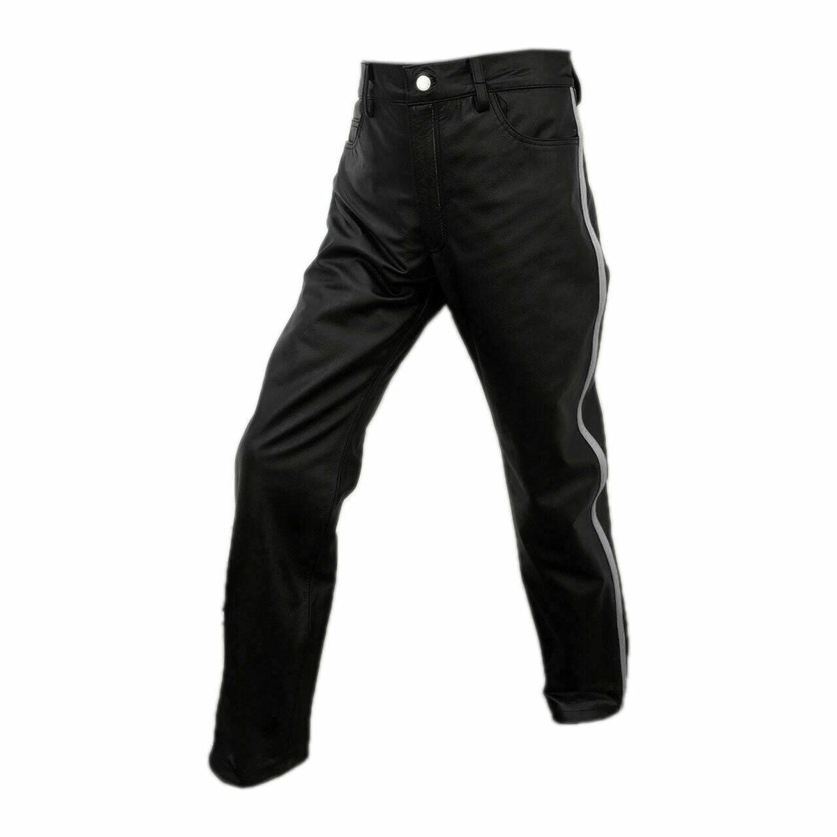 Men's Black Leather Jeans – White Side Stripe, view 5