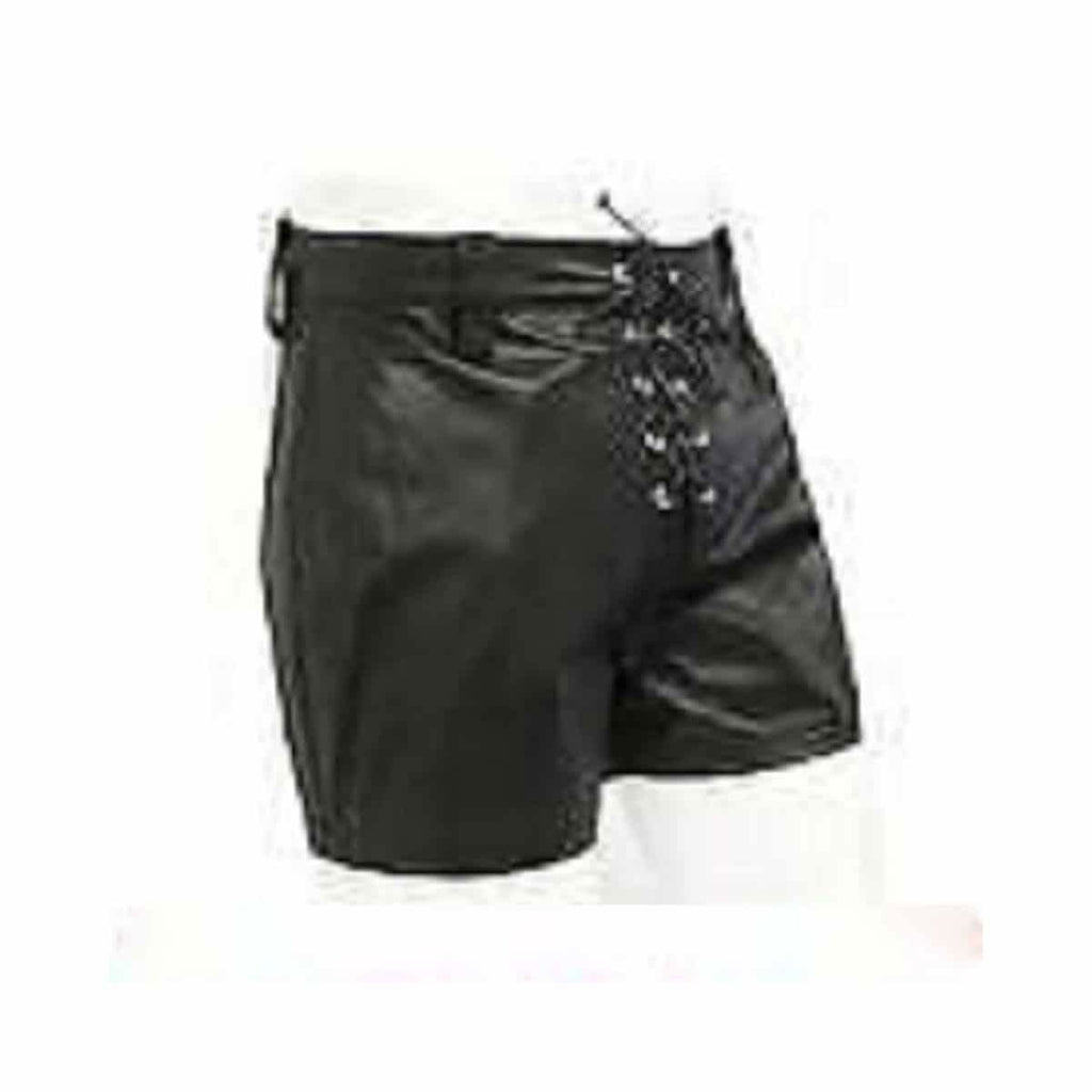 Men's Black Leather Lace-Up Front Shorts, view 3