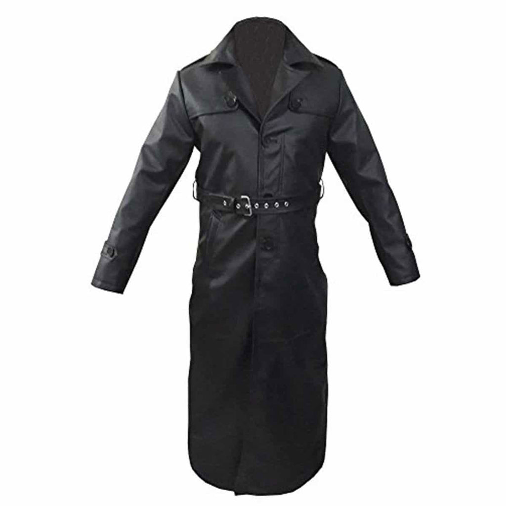 Men's Black Leather Long Coat – Belted, Epaulettes