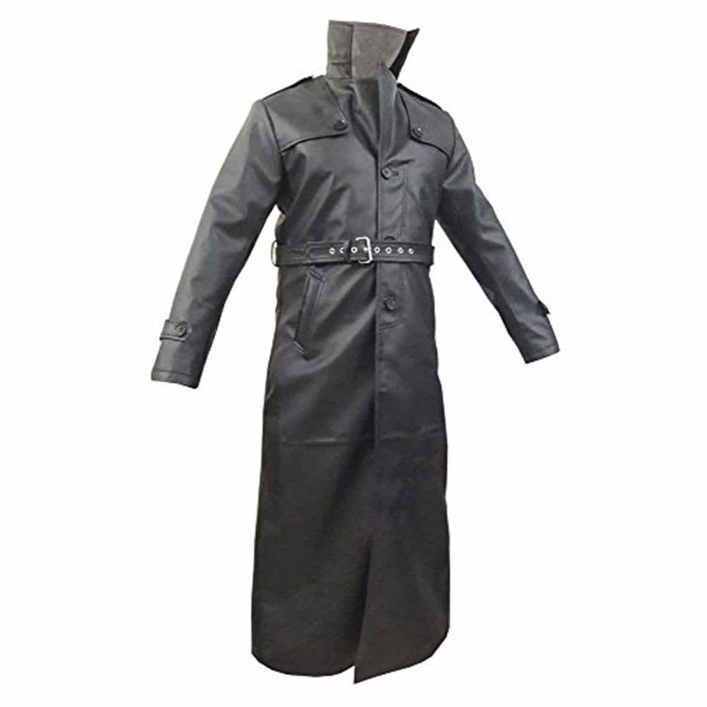 Men's Black Leather Long Coat – Belted, Epaulettes, view 2
