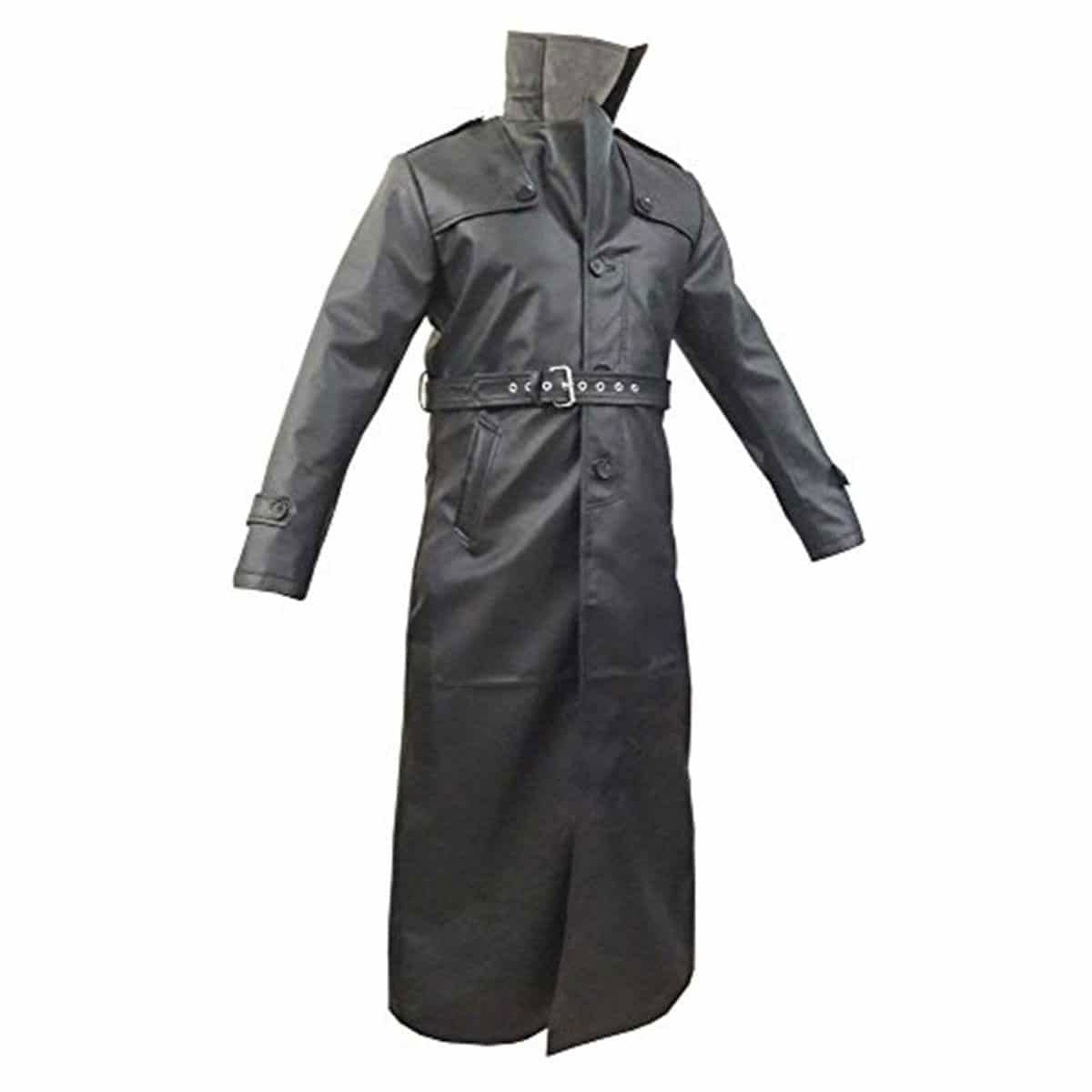 Men's Black Leather Long Coat – Belted, Epaulettes, view 2