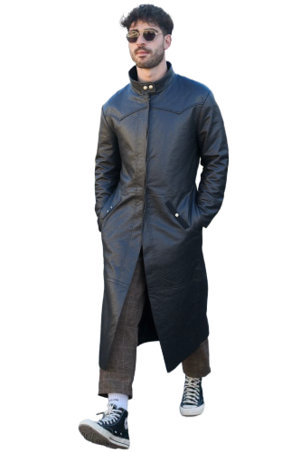 Men's Black Leather Long Coat – Concealed Buttons