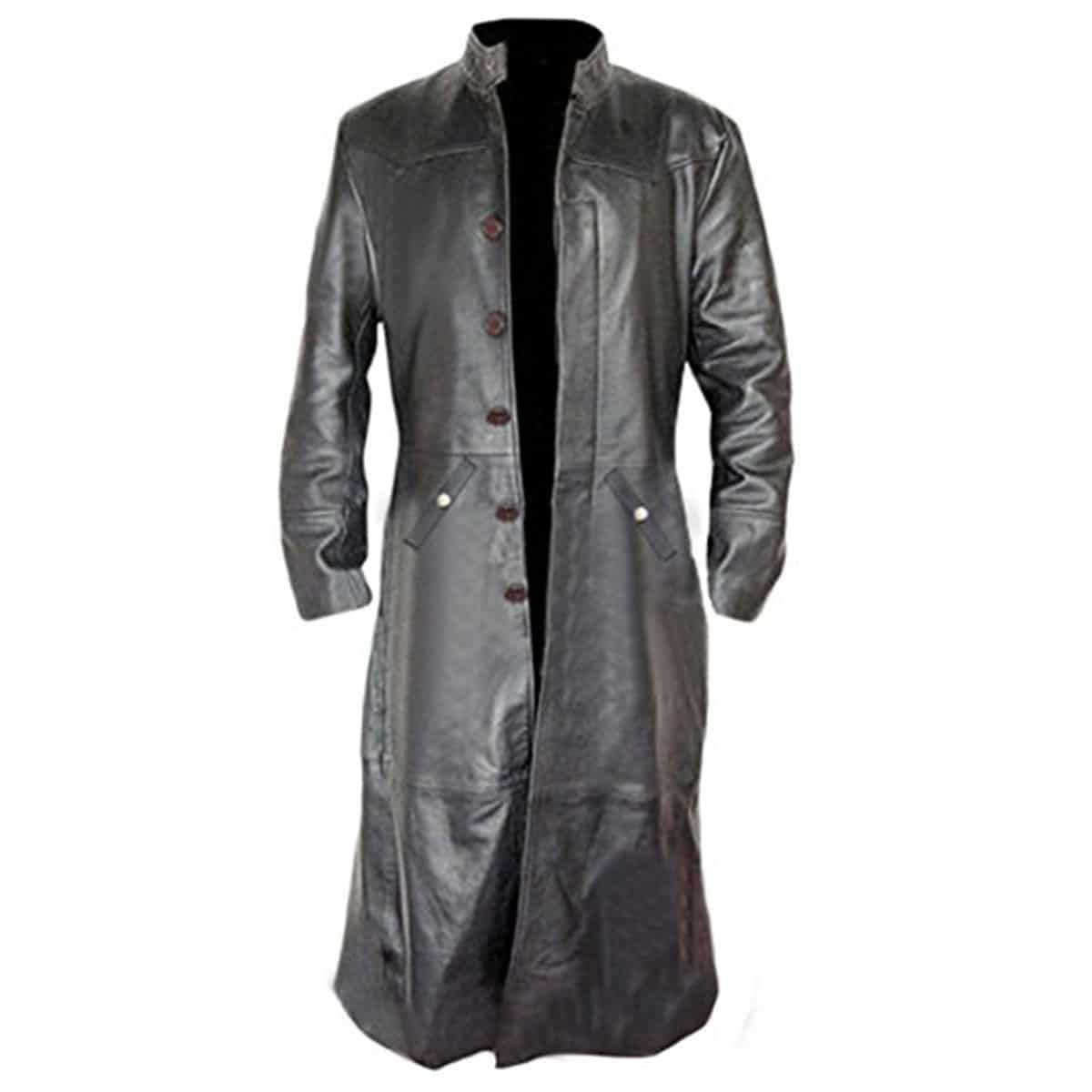 Men's Black Leather Long Coat – Concealed Buttons, view 2
