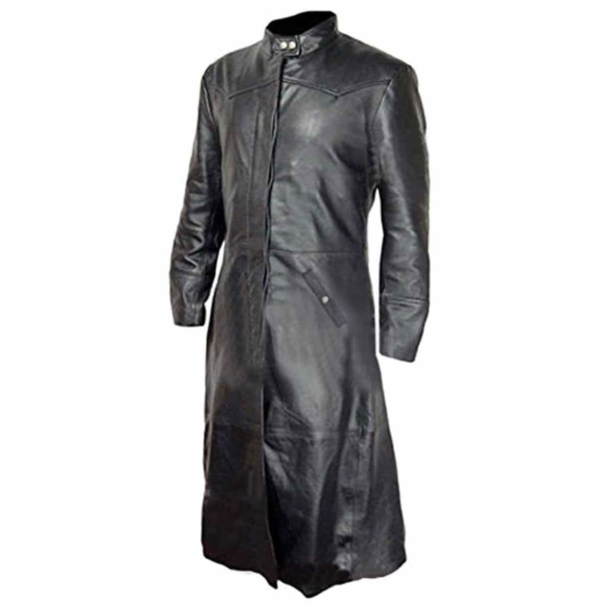 Men's Black Leather Long Coat – Concealed Buttons, view 3