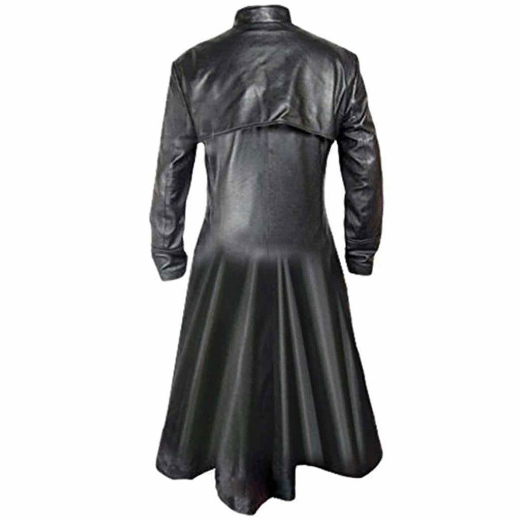 Men's Black Leather Long Coat – Concealed Buttons, view 4