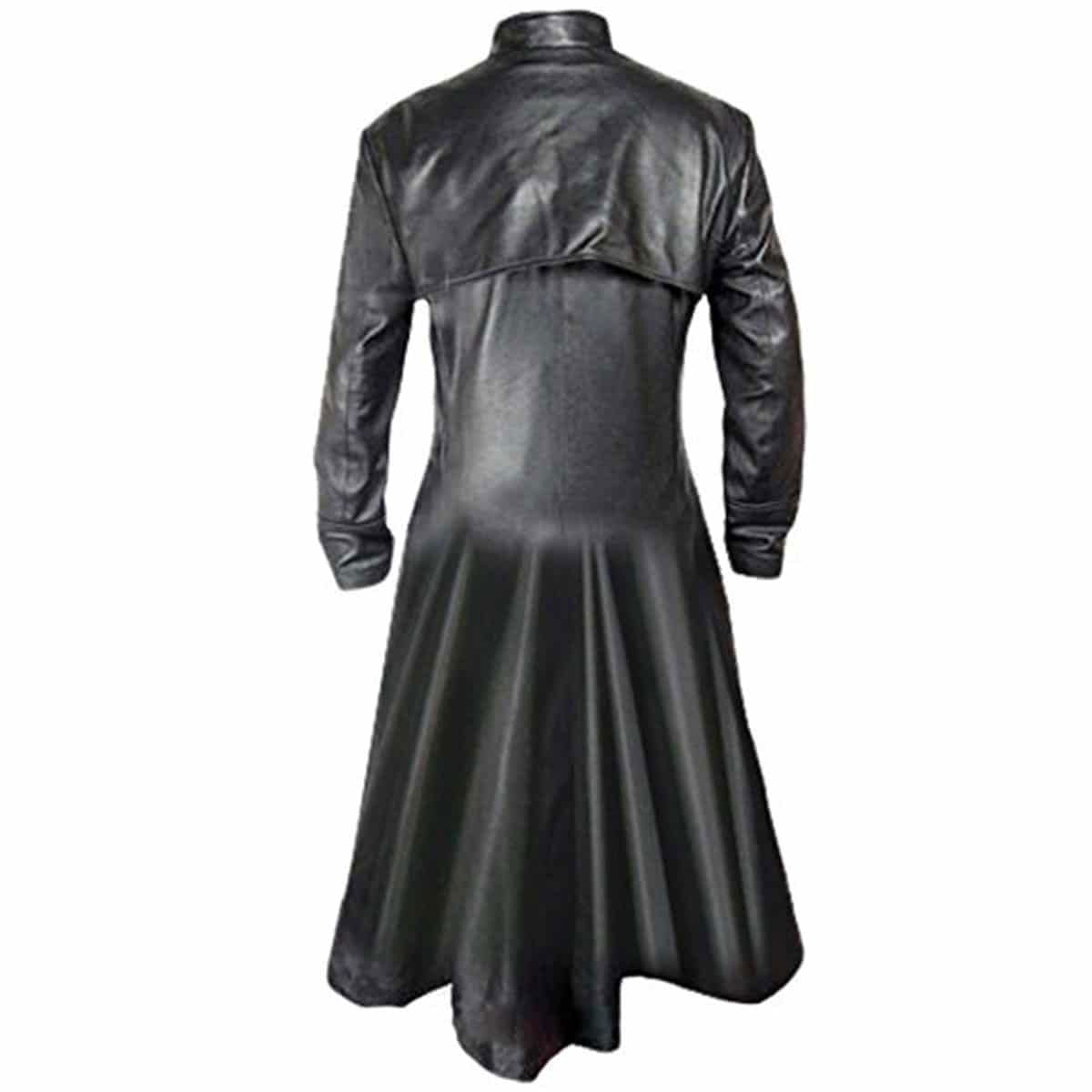 Men's Black Leather Long Coat – Concealed Buttons, view 4