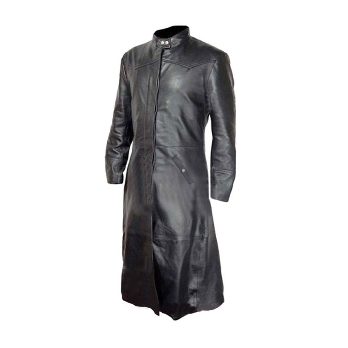 Men's Black Leather Long Coat – Concealed Buttons, view 5