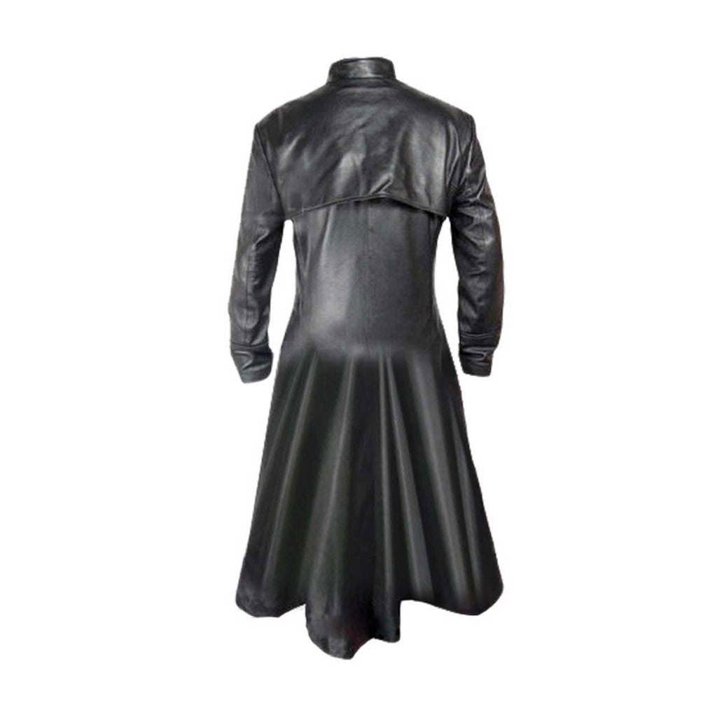 Men's Black Leather Long Coat – Concealed Buttons, view 6