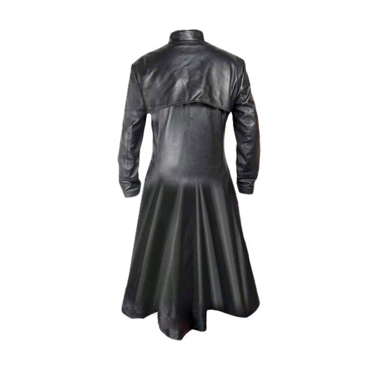 Men's Black Leather Long Coat – Concealed Buttons, view 6