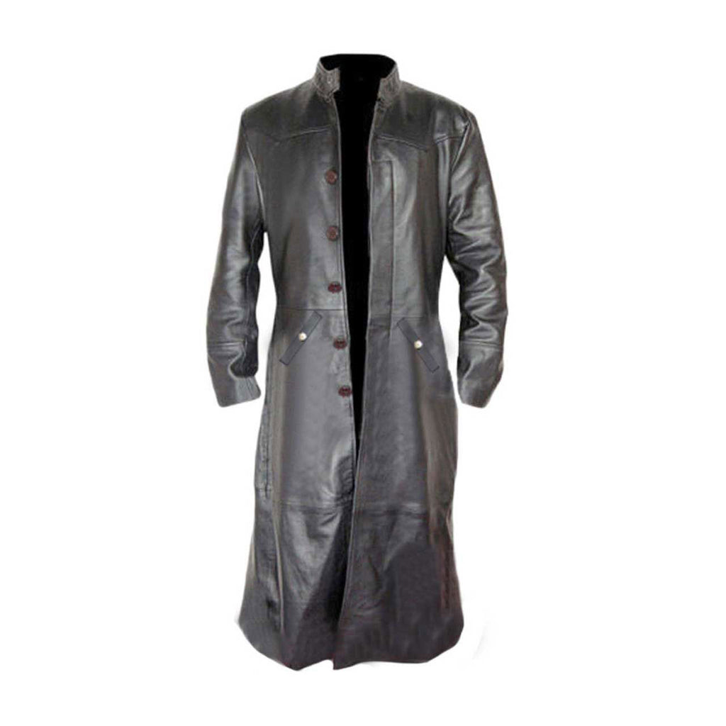 Men's Black Leather Long Coat – Concealed Buttons, view 7