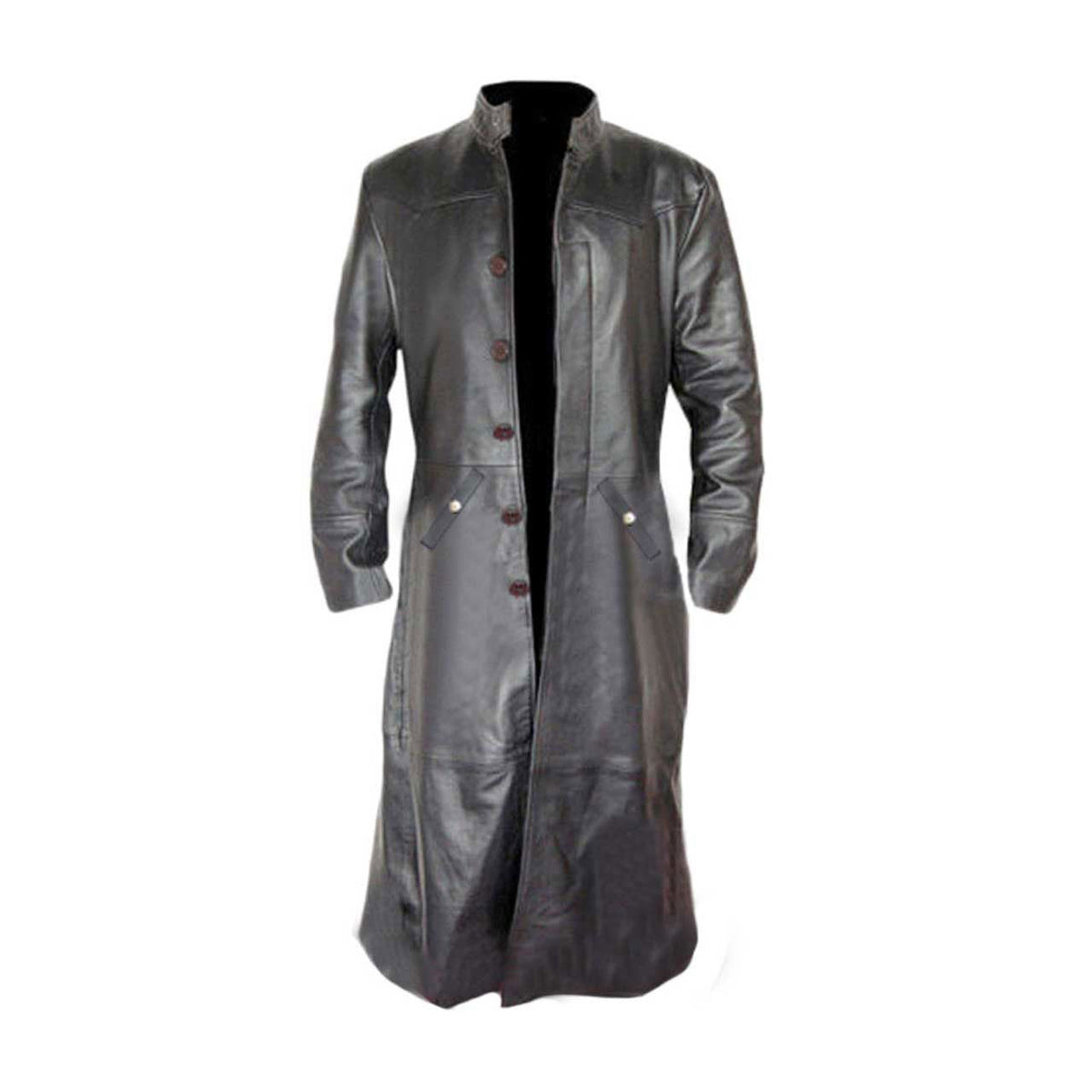 Men's Black Leather Long Coat – Concealed Buttons, view 7