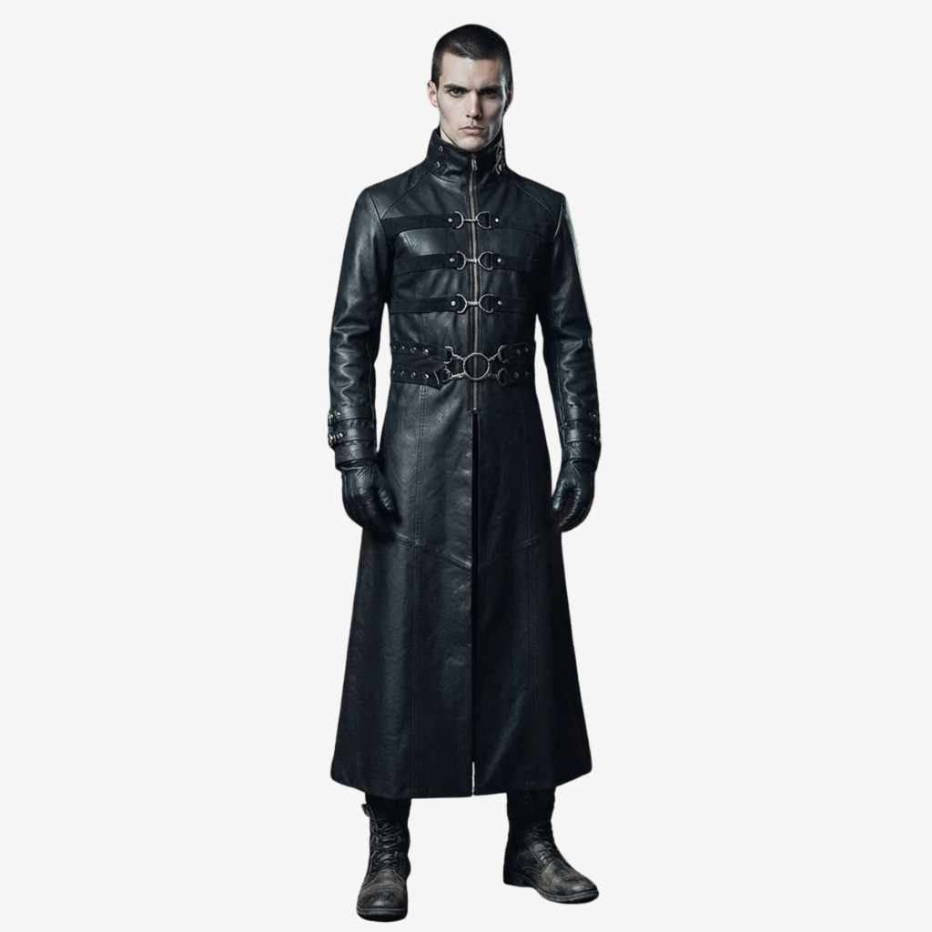 Men's Black Leather Long Coat – Nubuck Panels