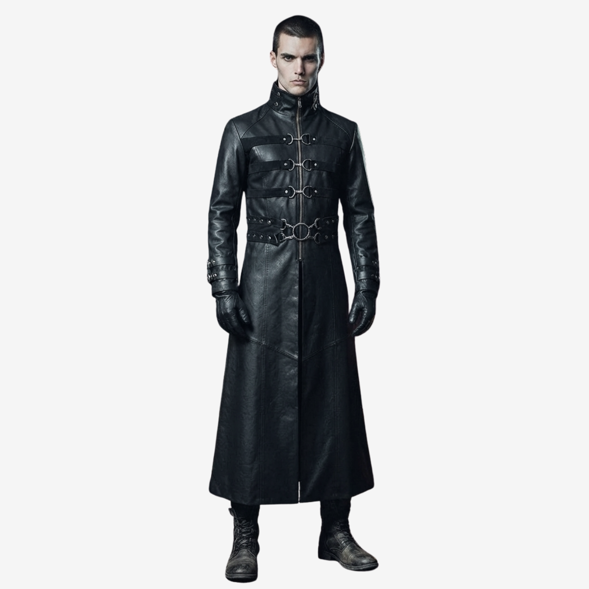 Men's Black Leather Long Coat – Nubuck Panels