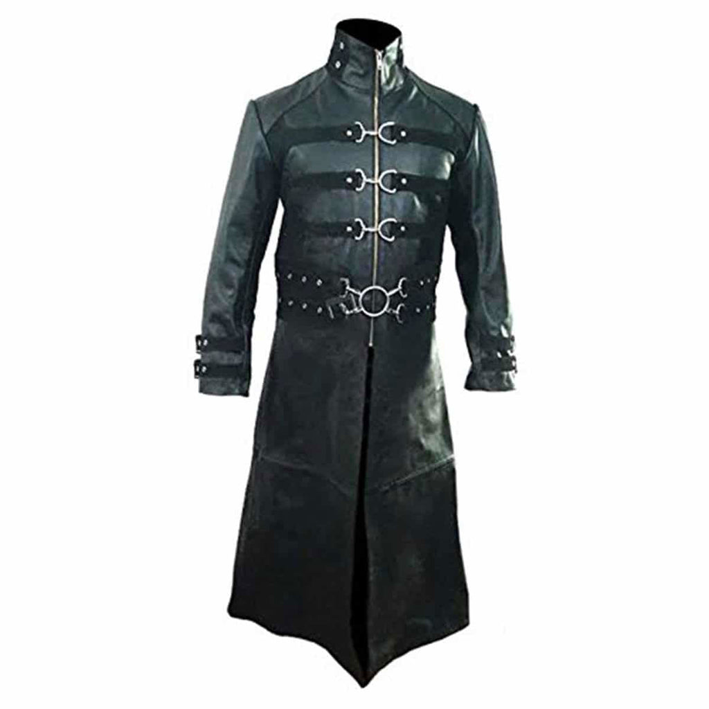 Men's Black Leather Long Coat – Nubuck Panels, view 3