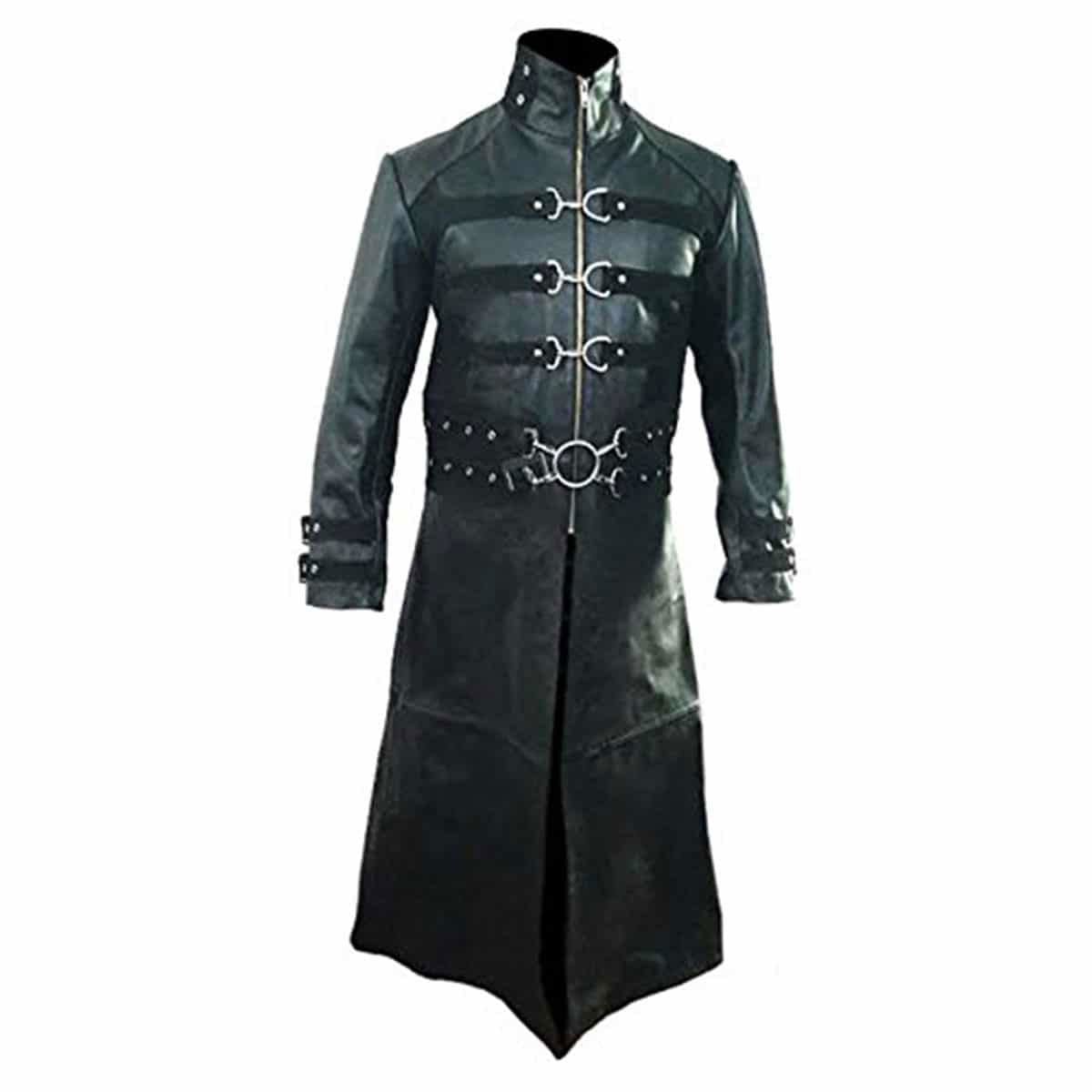 Men's Black Leather Long Coat – Nubuck Panels, view 3