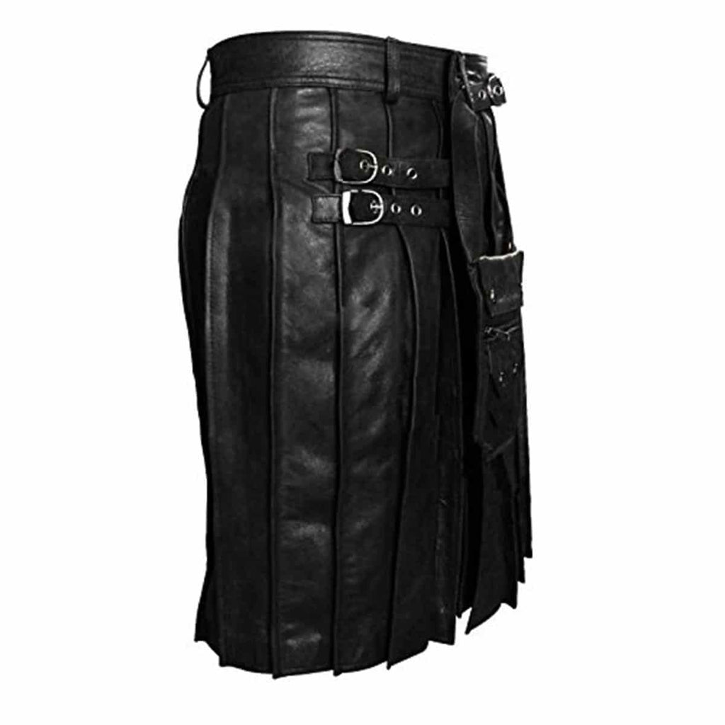 Men's Black Leather Pleated Kilt with Sporran