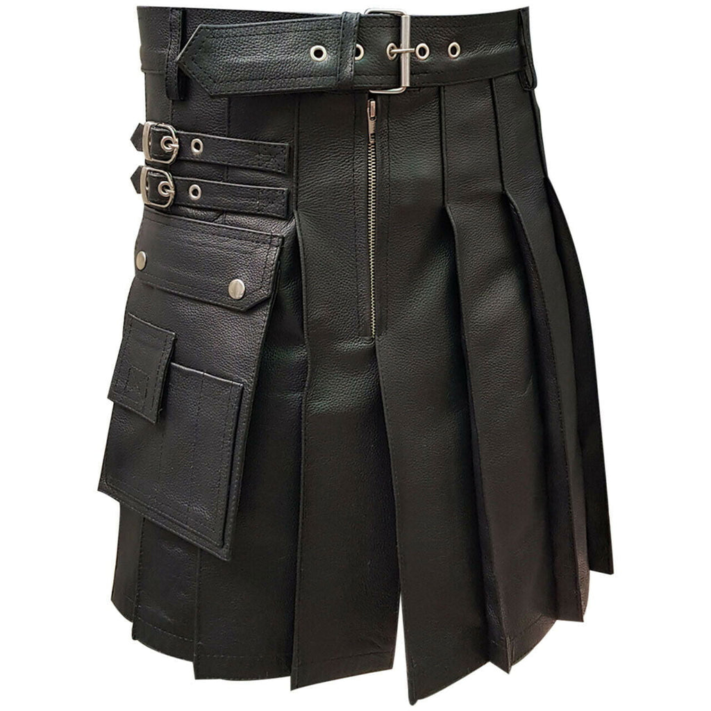 Men's Black Leather Pleated Utility Kilt, view 2