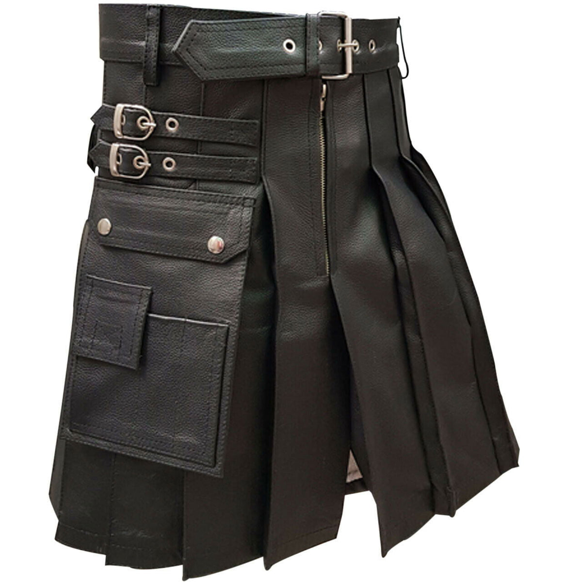 Men's Black Leather Pleated Utility Kilt, view 6
