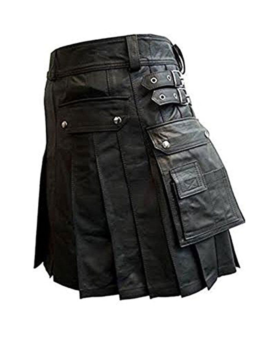 Men's Black Leather Pleated Utility Kilt, view 7