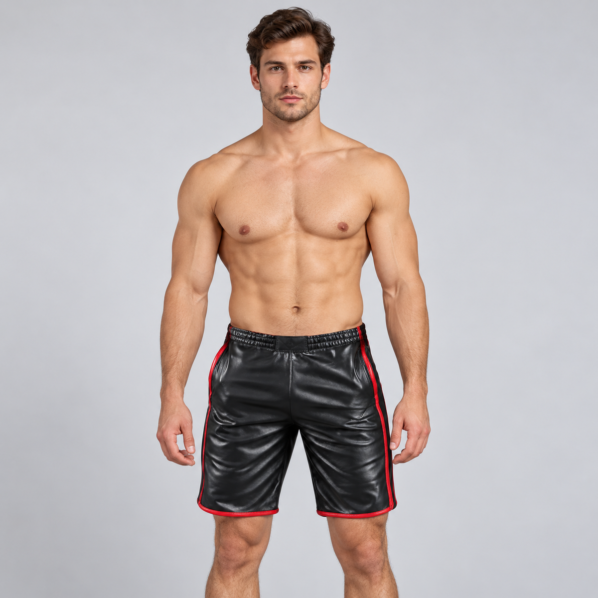 Men's Black Leather Pocket Shorts – Red Side Piping