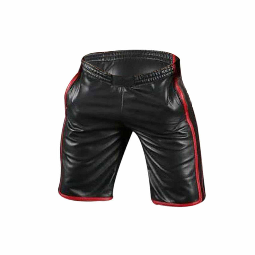 Men's Black Leather Pocket Shorts – Red Side Piping, view 2