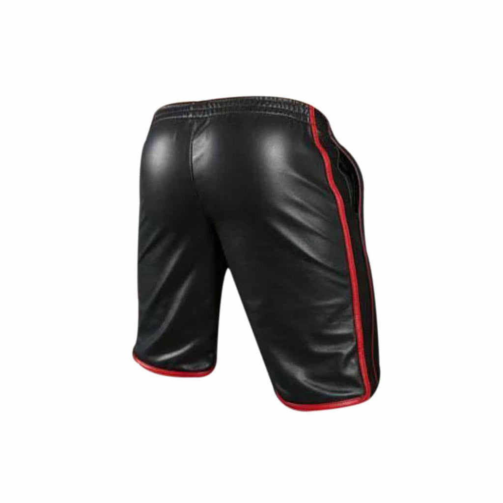 Men's Black Leather Pocket Shorts – Red Side Piping, view 3
