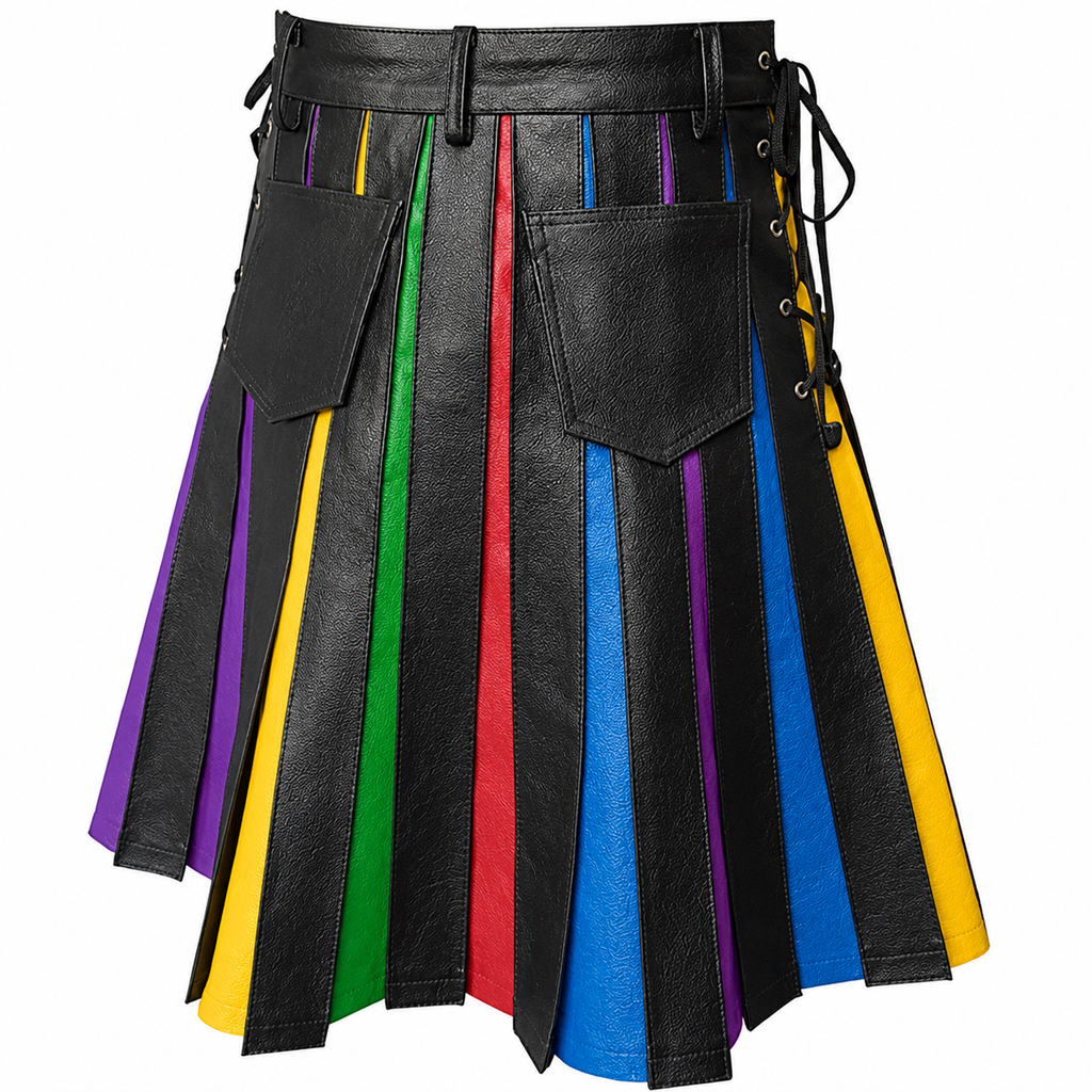 Men's Black Leather Pride Kilt – Rainbow Panels, view 2