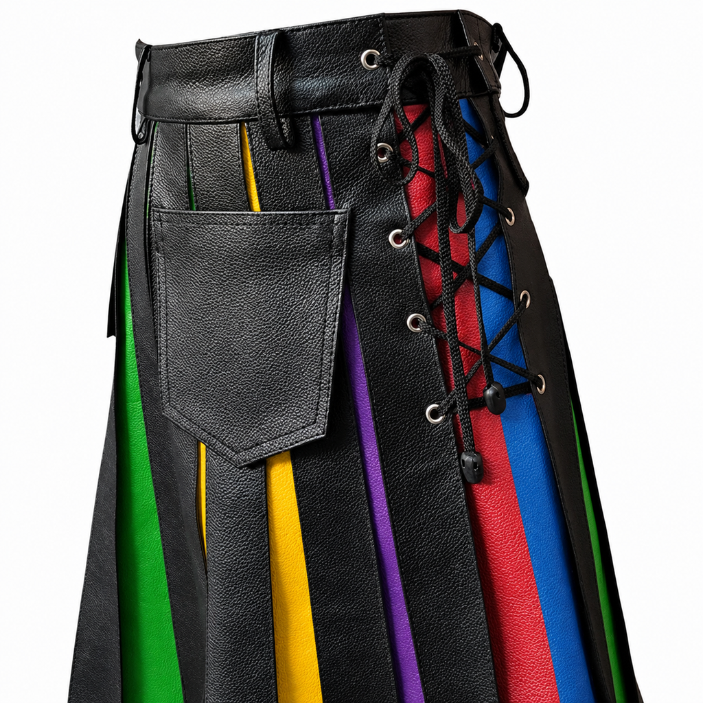 Men's Black Leather Pride Kilt – Rainbow Panels, view 3