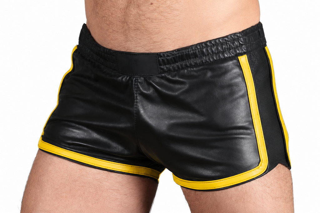 Men's Black Leather Pride Shorts – 9 Piping Colours, view 2