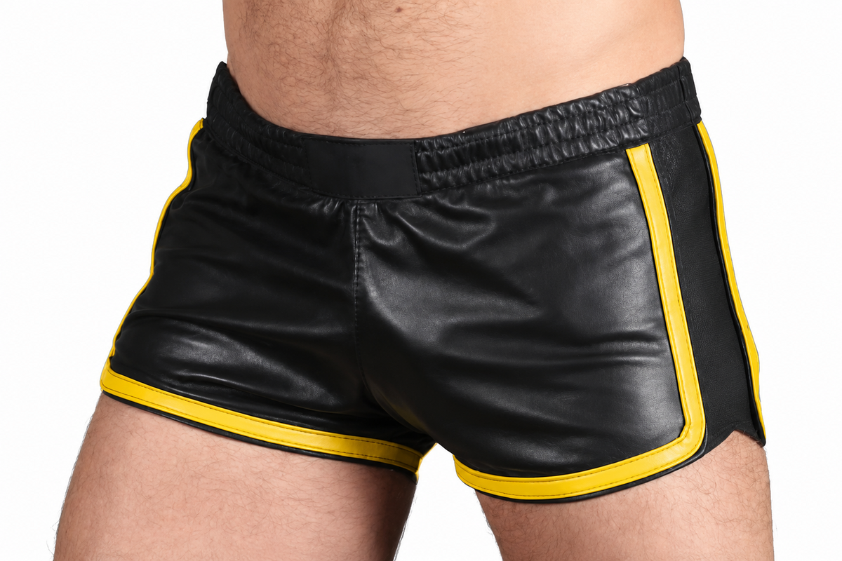 Men's Black Leather Pride Shorts – 9 Piping Colours, view 2