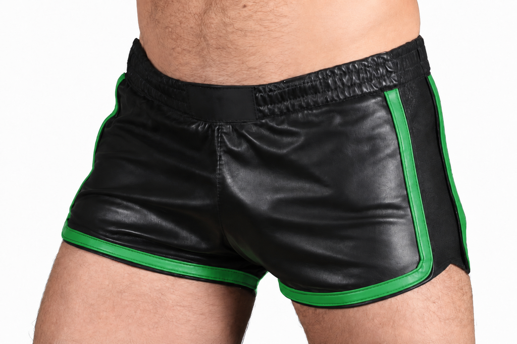 Men's Black Leather Pride Shorts – 9 Piping Colours, view 4
