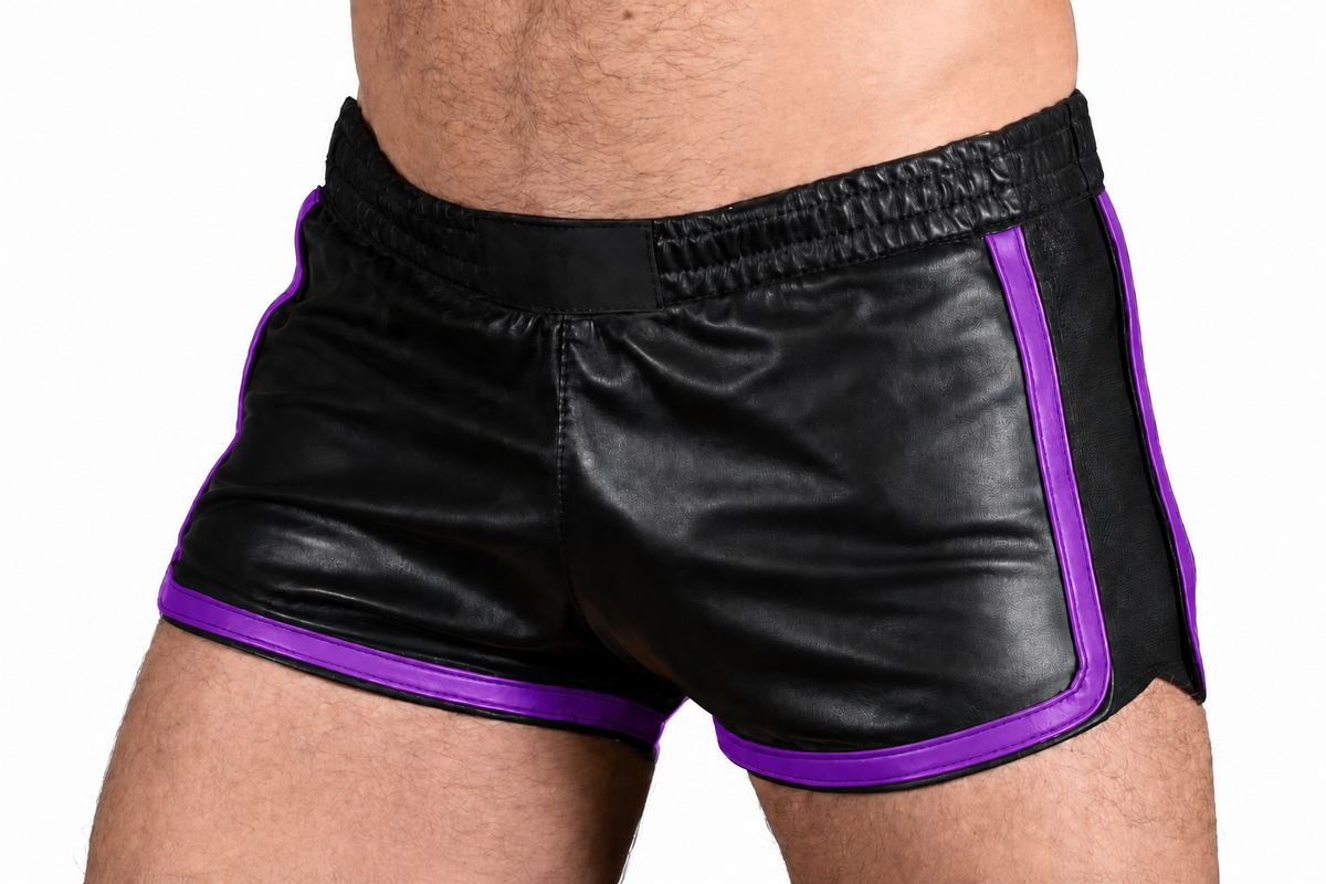 Men's Black Leather Pride Shorts – 9 Piping Colours, view 5