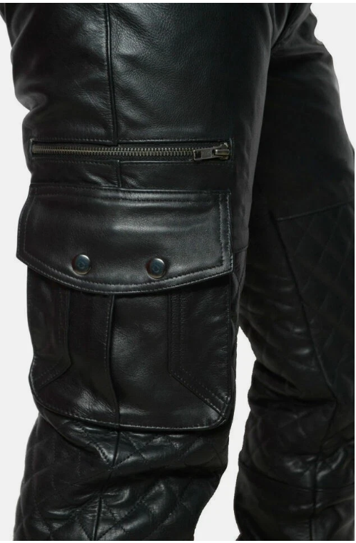 Men's Black Leather Quilted Cargo Trousers