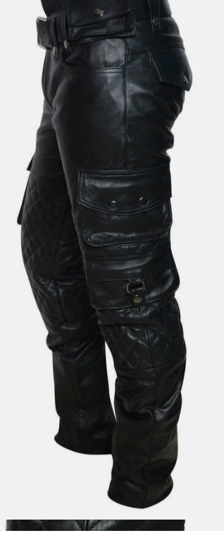 Men's Black Leather Quilted Cargo Trousers, view 2