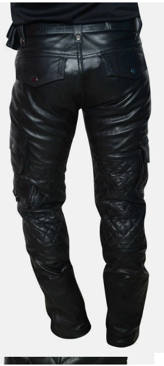 Men's Black Leather Quilted Cargo Trousers, view 3