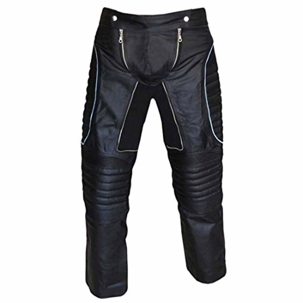 Men's Black Leather Quilted Motorcycle Trousers – Slim Fit, view 2