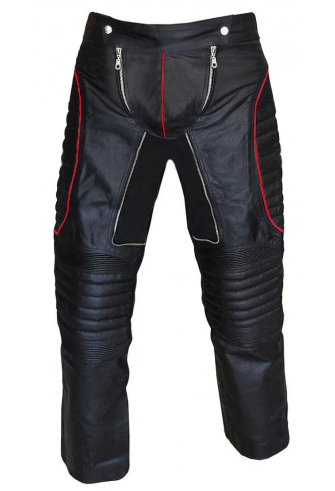 Men's Black Leather Quilted Motorcycle Trousers – Slim Fit, view 6